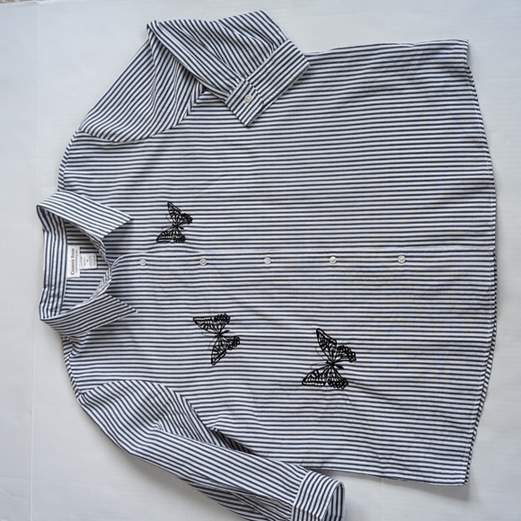 Country Store Striped Embroidered Butterfly Button Down Blouse 1X Gray White - Picture 9 of 16